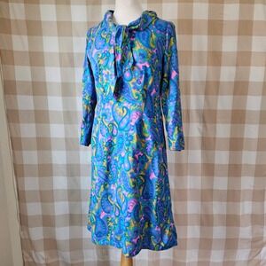 VTg‎ 60s 70s Handmade Psychedelic Paisley Print Long Sleeve Tie Neck Dress S/M